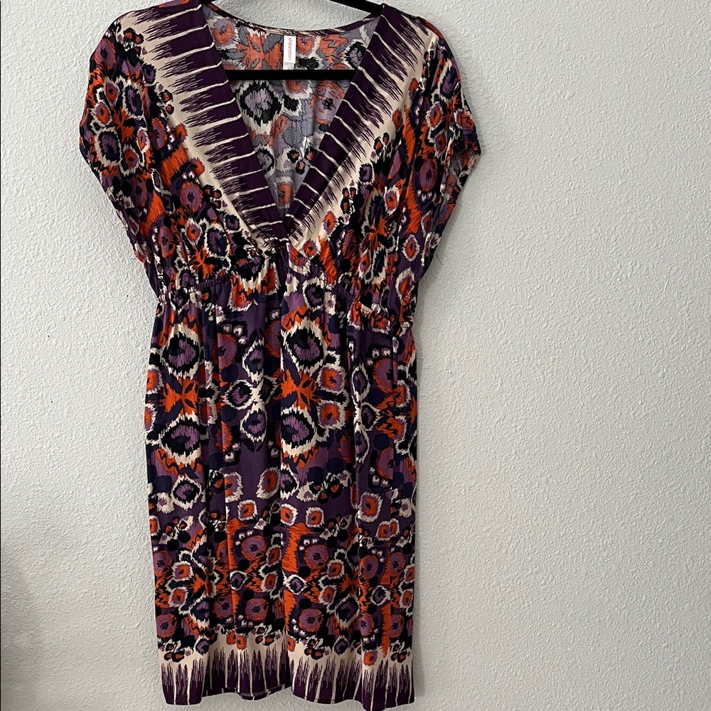 Boho Purple & Orange Printed V-Neck Mini  Dress
Beach cover-up
SZ L